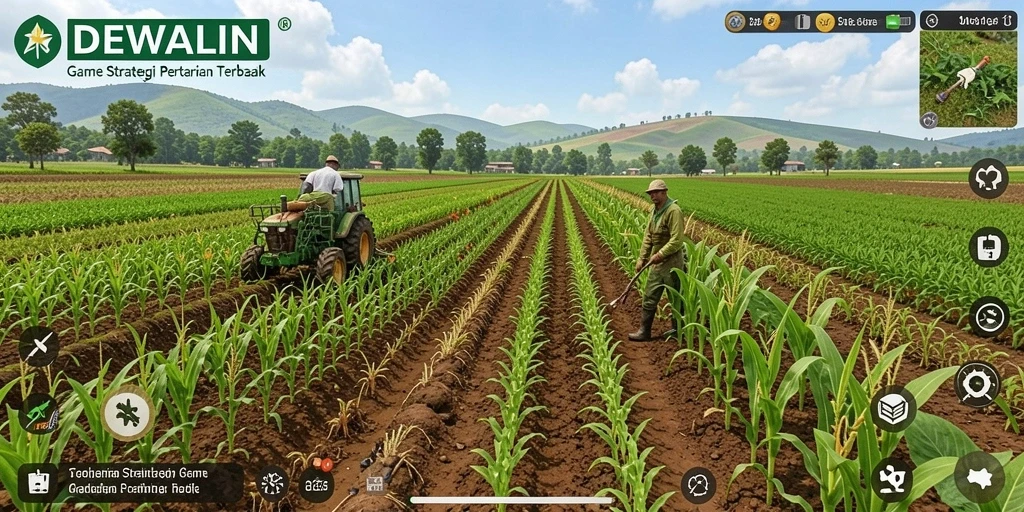 Screenshot gameplay DEWALIN dengan suasana pertanian yang indah.