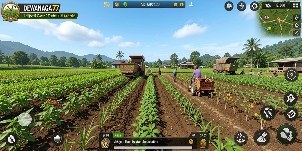 Tampilan gameplay DEWANAGA77 dengan kebun yang subur dan tanaman yang bermekaran.