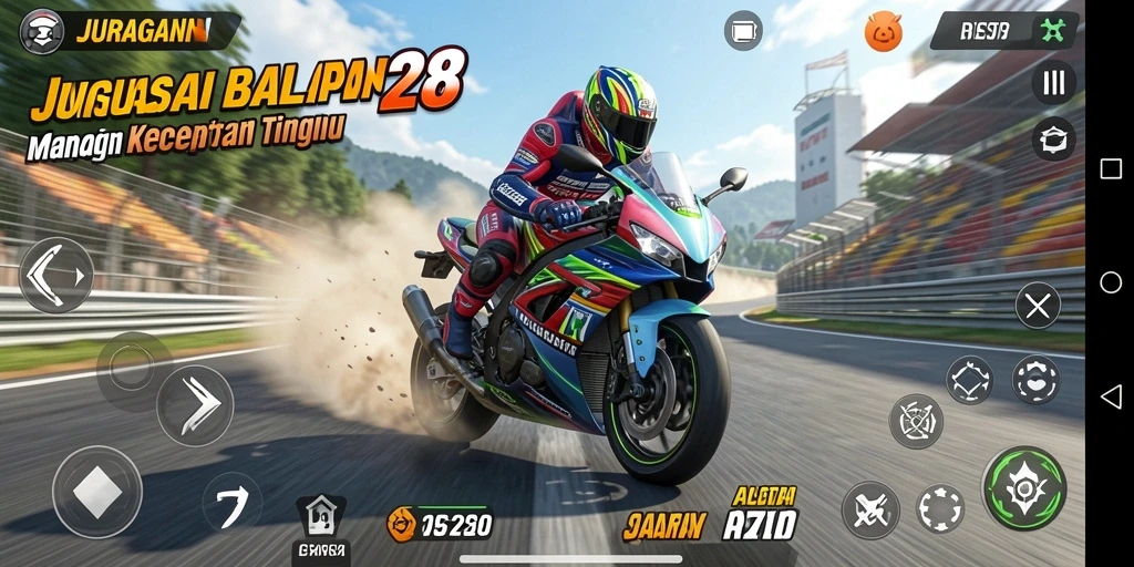 Screenshot gameplay JURAGAN28 menampilkan balapan motor yang intens dan menarik.