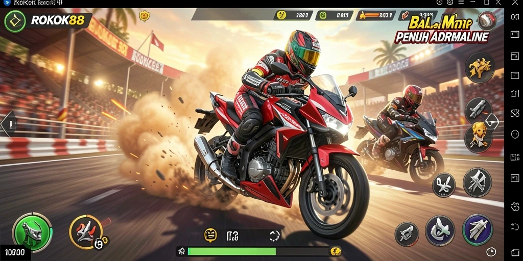 Tampilan gameplay ROKOK88 yang menegangkan saat balapan motor.